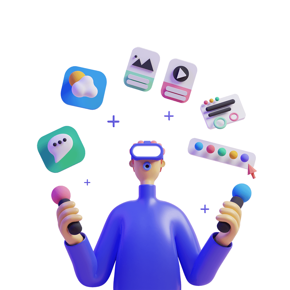 Illustration of a person with VR headset and various app icons floating around them